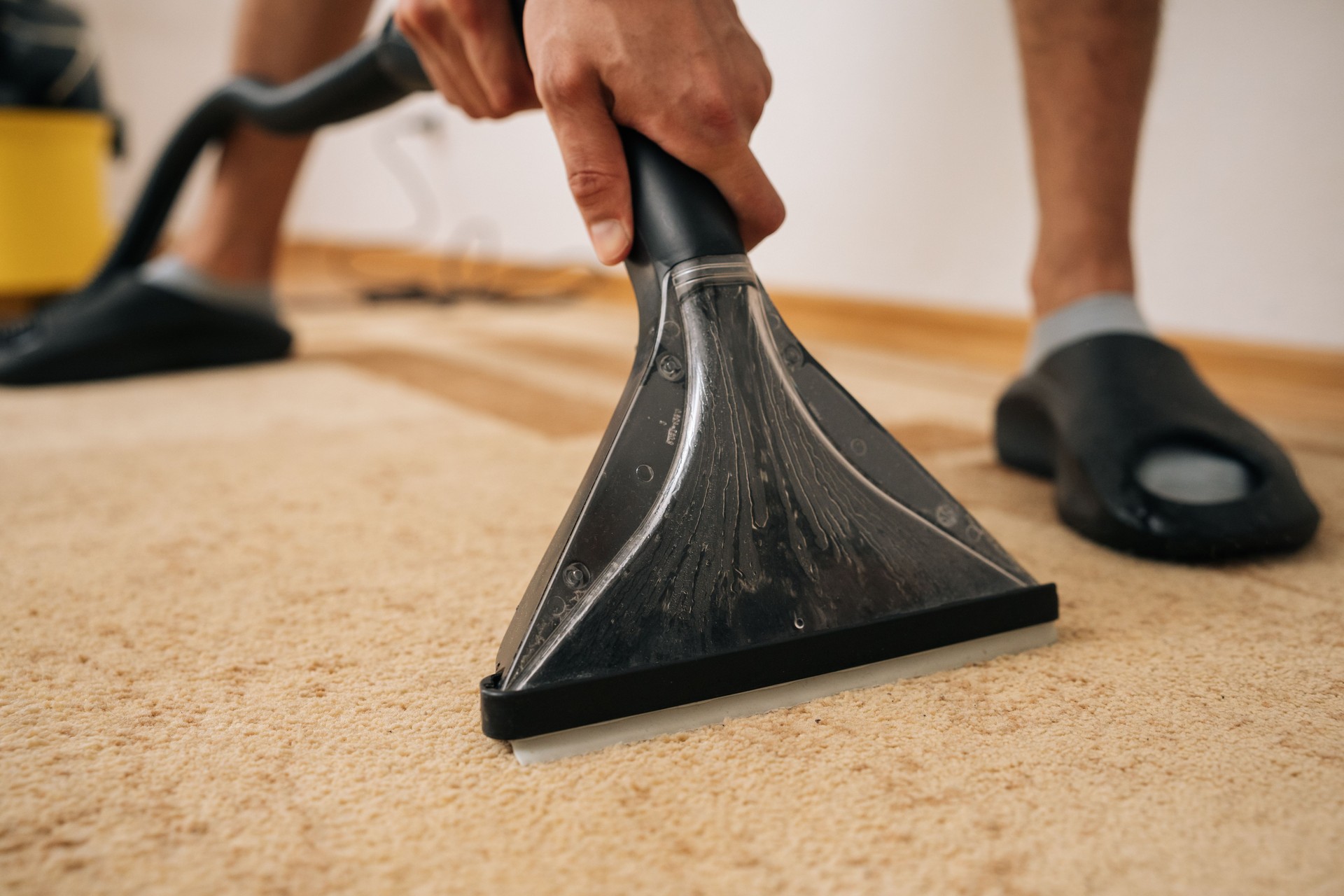 Detail cropped shot of unrecognizable cleaning service worker using professional washing vacuum cleaner to remove dirt and dust from carpet